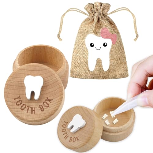Boîte à dents en bois sculptée 3D pour dents de bébé - Boîte à dents de bébé pour dents perdues - Porte-dents pour enfants - Avec sac de rangement - Cadeau pour fille