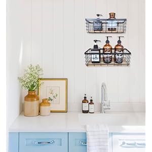 Metal wire basket detachable wood base storage organizer farmhouse small bins for kitchen cabinets bathroom pantry laundry room closets set of 2black color  urban country home decor