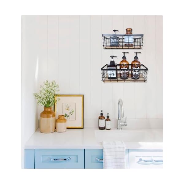 Metal wire basket detachable wood base storage organizer farmhouse small bins for kitchen cabinets bathroom pantry laundry room closets set of 2black color  urban country home decor