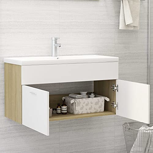 Armario de lavabo de 90 cm y muebles de baño en madera de ingeniería blanco y roble 5