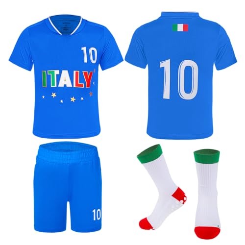 MUDJEAN Italian Soccer Jersey Kids Soccer Jerseys for Boys Italia Shirt Girls Italy Soccer Shirt Kids Blue Age 11-12 Years