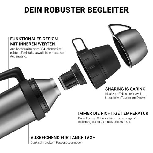720°DGREE BigBoy Thermos Flask with 2 Cups 1.2 Litres Leak-Proof, Robust Premium Stainless Steel Thermos Flask for Hot Drinks, Coffee, Tea - Insulated Drinking Bottle, Insulated Bottle with 2 Cups