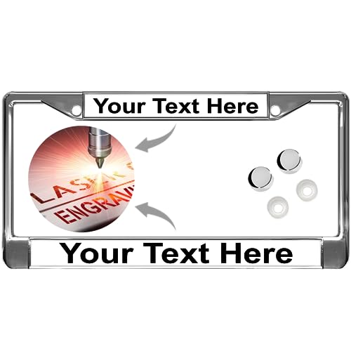 Image of Custom Personalized Chrome-Plated Metal Laser Engraved Standard Size - Car /Automobile License Plate Frame with Free caps - White /Black Text (Qty: 1 Frame)