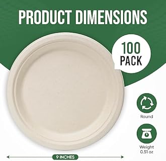 9" Brown Bagasse Dinner Plates, 100 Pack - Compostable, Microwaveable, Water & Oil Proof, Disposable Party Plates