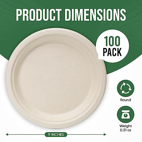 9" Brown Bagasse Dinner Plates, 100 Pack - Compostable, Microwaveable, Water & Oil Proof, Disposable Party Plates