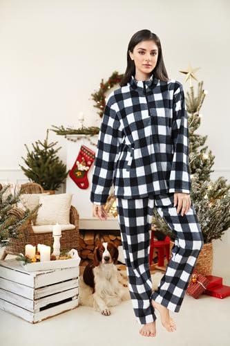 dressfan 2 Piece Unisex Plaid Pajamas Set,Quarter Zip Thermal Pajamas Pullover Christmas PJS Set for Family Couples3