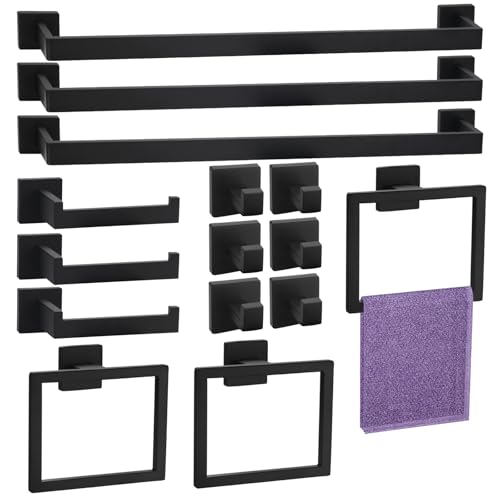 15 Pieces Bathroom Hardware Set, Matte Black Bathroom Accessories Set, Towel Racks for Bathroom, 23.6 Inch Bath Towel Bar Set Stainless Steel, Toilet Paper Holder Wall Mounted, Towel Ring, Towel Hook