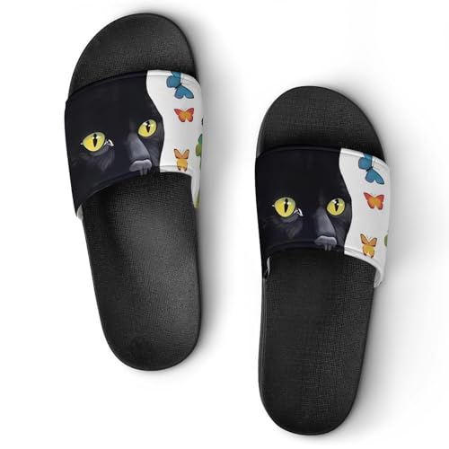 Black Cat Butterfly Non Slip Slides Sandals for Women Men Quick Drying Shower Shoes for Bathroom Pool Beach