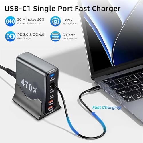 Image of MX 470W USB C Charger Block GaN III USB Desktop Charging Station 6 Port GaN Desktop Charger, USB C Charging Station 140W Type C Laptop Charger Adapter Compatible with MacBook, Tablet & Mobile Phones
