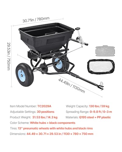 Image of VEVOR Tow Behind Broadcast Spreader, 130LBS Capacity, Tow /Push Garden Spreader with 13 in Tires, 30 Adjustable Setting & 9.8 ft Spreading Width, Lawn Spreaders for Seed, Fertilizer, Salt, Ice Melt