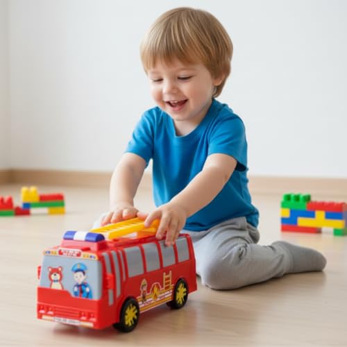 Image of ToyBharat Fire Bus Friction Power Toy moves forward with simple friction power-no batteries needed! Bright and durable, it's perfect for kids ages 1 to 6 who love vehicles and active imaginative play.