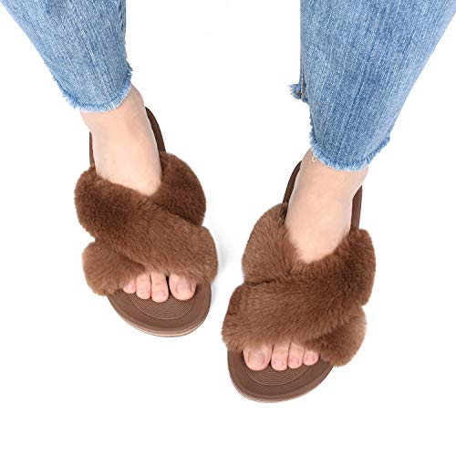 Image of COFACE Womens Fuzzy Slides Fluff Faux Fur Cross Slippers Open Toe Yoga Mat House Slipper Sandals With Arch Support For Indoor /Outdoor