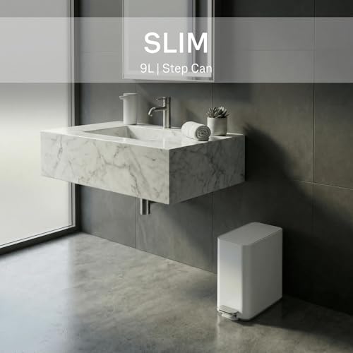 Image of simplehuman Slim Step Can, 9L / 2.4 Gallon Primary Bathroom Trash Can, Liner Pocket, Sleek Internal Hinge, 150,000-Step All-Steel Pedal, Lid Shox Silent Close, White Steel