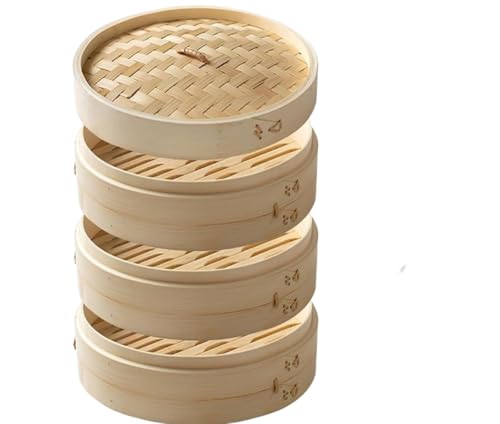 SIzlaho せいろ蒸し器 竹セイロ 中華 竹セイロ蒸篭 蒸しせいろ 蒸し料理 器具 多機能の手作り蒸しバスケット 蒸籠 3段蒸し+蓋 竹製 耐熱耐久 業務用 家庭用 蒸し野菜 しゅうまい 小籠包 餃子 蒸しパンに適しています (18cm)