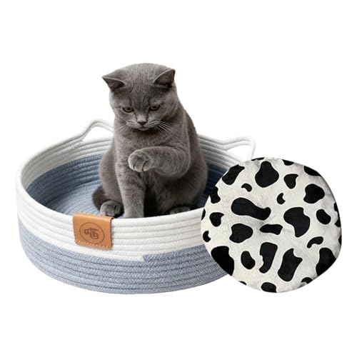 ラウンド猫ベッド,綿ロープ編みネスト - かわいい 子猫 用 ベッド 猫 かご - 子猫 子犬 小型犬 動物 オールシーズン おもちゃ おやつ 室内 寝室 リビング 寮 用