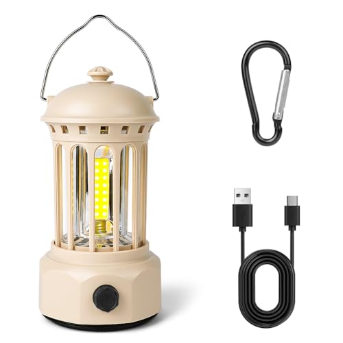 Flintronic LED Campinglampe Tragbar, IPX4 Wasserdichte Camping Licht, Batteriebetrieben Campinglampe, Dimmbare COB-Helligkeit & 3 Lichtmodi, für Outdoor, Nachtangeln, Garten, Notfall Ausfälle, Beige