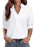 LOMON Womens Tops 3/4 Sleeve V Neck Collared Shirts Dressy Casual Blouses Business Casual Outfits Loose Fit Summer Clothes (White,L)