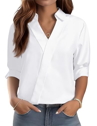 LOMON Womens V Neck White Dress Shirts 3/4 Sleeve Business