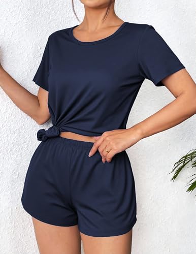 Image of Ekouaer Women's Pajama Sets Short Sleeve Pjs 2 Piece Top and Shorts Sleepwear Comfy Soft Lounge Sets with Pockets