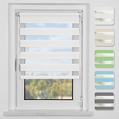 Buseu Store Enrouleur Jour Nuit Klemmfix sans perçage, Rideau 45 x 150 cm (Tissu：40cm) Blanc, Facile à Montage, Double Tissu, Facile à Installer avec Clips pour Fenêtre ou Porte