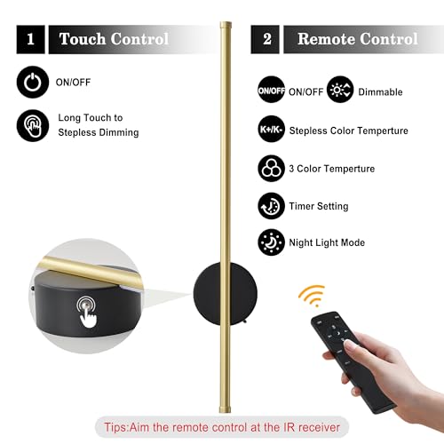 Image of Battery Operated Modern Wall Sconce Set of Two,Rechargeable Wireless Wall Lights with Remote Control,Dimmable,3 CCT,Cordless Lighting Fixtures for Bedroom,Living Room,Hallway,23.6 Inch,Black Gold