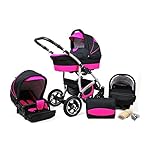 Kinderwagen 3 in 1 mit Autositz Isofix Babyschale Buggy Larmax by ChillyKids Pannenfreie Gelereifen Schwarz & Pink 3in1 mit Babyschale