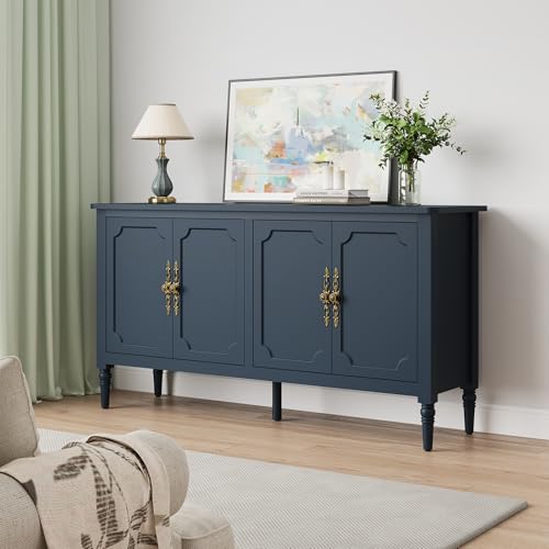 RoyalCraft Buffet Sideboard Table 2 pcs, 59'' Mid Century Modern Console Table, Media Cabinet with 4 Doors, Accent Cabinet Wood Sideboard, for Entryway, Living Room, Dining Room, Navy Blue