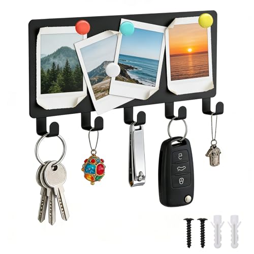 XINML Porte Clef Murale Métal avec 5 Crochets, Accroche Clef Mural Patère Moderne, Crochet Porte Clés Décoratif Multifonction pour Photos et Notes...