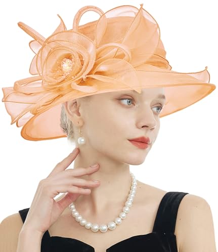 RZTA Women's Kentucky Derby Church Dress Hat Wide Brim Leaf Flower Bridal Shower Hat F12-Orange