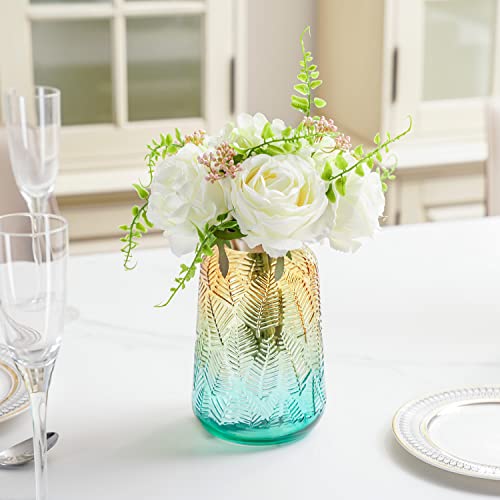 Mygift Modern White Faux Roses Artificial Flower Bouquet In Aqua Gradient Glass Vase And Gold Trim With Leaf Embossed Design #TOP1