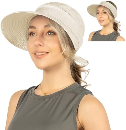 SUN CUBE Women Sun Hat for Outdoor UV Protection, Wide Brim Sun Hat Ponytail, Convertible Zip-Off Beach Hat Visor