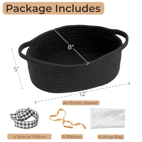 Image of Small Woven Gift Basket Empty with Bag & Ribbon, Storage Basket for Father's Day for Dad, Baby Shower, Raffle, Birthday, Cute Organizer with Handles, 12 inchx8 inchx5 inch, Black /Black Check