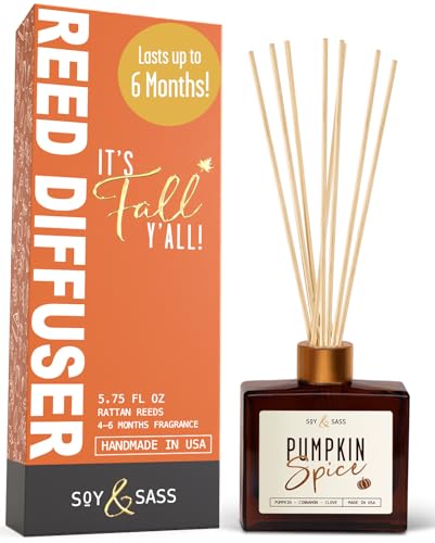 Pumpkin Spice Reed Diffuser Fall Reed Diffuser Set - Infused w/Essential Oils I Pumpkin Diffuser I Stick Oil Reed Diffusers for Home 5.75 OZ Scent Lasts 4-6 Months Made in The USA