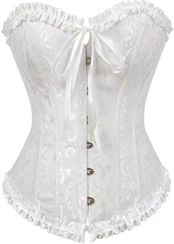 jutrisujo Women Satin Bustiers Corsets Wedding Push Up Brocade Pattern Lace Through Top, White 819, M(For Waist 26-27inch)