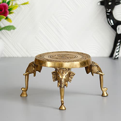 Image of eCraftIndia Golden Brass Chowki with Elephant Design Legs | Decorative Traditional Chowki for Idols & Rituals, Home Temple Gift Housewarming Birthday