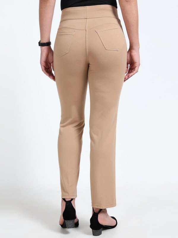 Image of Women Formal Pants Straight Leg Tummy Tucker for Ladies with 2 Back Pockets - 4 Inch Waist Elastic Compression