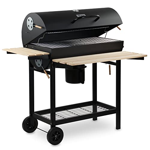 BBQ-Toro voziček za žar na oglje s pokrovom | Ø 80 x (D) 42 cm | Premium mobilni voziček za žar na oglje, vključno s termometrom, stojalom za gretje, lesenimi policami Smoker, žar na oglje, žar za žar, žar na drva