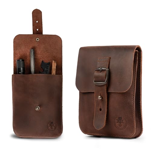 Valhalla Gear, Holster Pouch Handmade from Full Grain Leather - Durable Waist Bag for Coins, Change, Headphones, Personal Items - Conveniently Attaches to Belt - Bourbon Brown