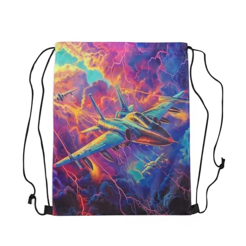 Erosebridal Jet Plane Drawstring Bags,Airplane Aviation Aircraft Drawstring Backpack 13x15.7 for Sport Gym Swim Yoga Camping Trip,Lightning Pattern Draw String Back Bag,Planes String Backpack3