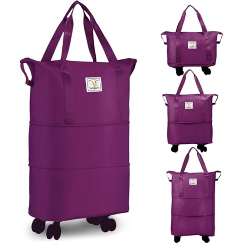 Image of Rolling Duffle Bag with Wheels, Expandable Foldable Travel Duffle Bag with Telescopic Handle, Portable Wheeled Luggage Bag for Travel, Lightweight Foldable Suitcase Bag for Men & Women (Maroon)