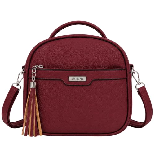 Bolsa Feminina Pequena Tiracolo Estilo Baú em Couro Sintético com Alça de Mão e Transversal removível e ajustável, Compacta e Versátil para o Dia a Dia, Trabalho, Passeio (Preto) (Bordô)