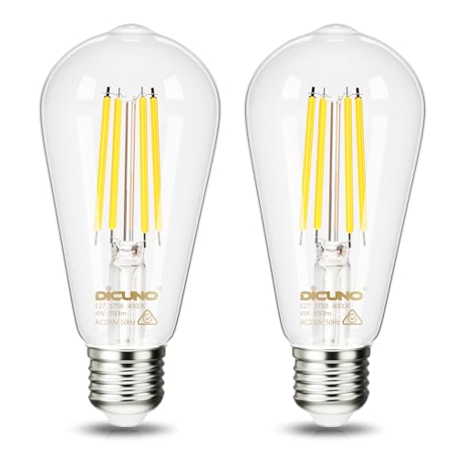 DiCUNO Ampoule LED E27 4W Classe A, équivalent 60W, 850lm, Blanc neutre 4000K, ST58 vintage à filament Edison, Ampoule décorative en verre transparent pour...