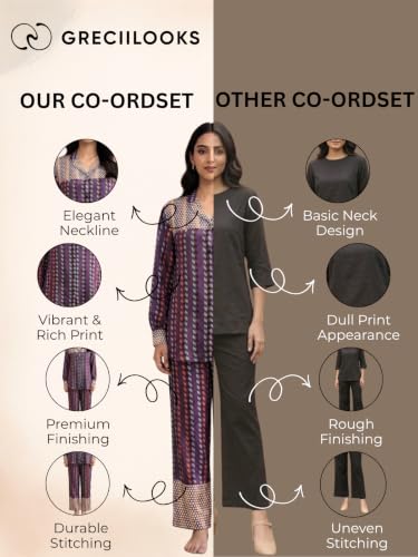 Image of GRECIILOOKS Co Ord Set for Women Stylish Printed Lounge Wear | Relaxed Fit French Crepe Coord Set for Women with Collared Shirt & Pants | Premium Travel Airport Vacation Western Outfit