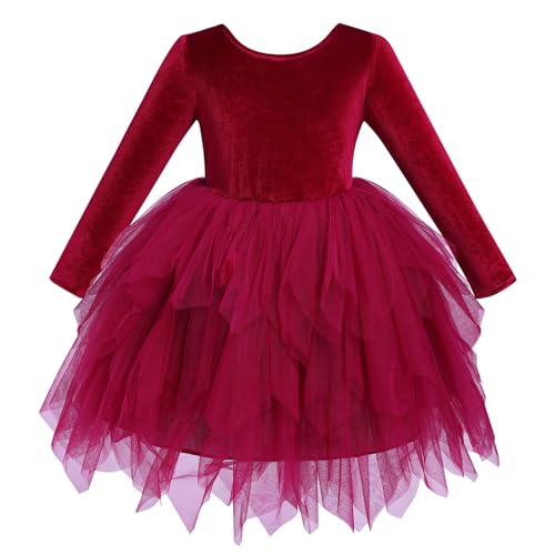 Kids Girls Fall Winter Long Sleeve Velvet Asymmetric Handkerchief Hem Tiered Tulle Tutu Dress Wedding Flower Girl Dress2