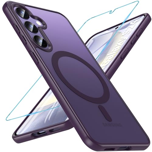 Image of OWKEY for Galaxy S24|S25 Case 6.2'',Magnetic Samsung Galaxy S24 /S25 Case for Magsafe with Tempered Glass Screen Protector, [Shockproof Military] Translucent Back Slim Bumper Cover S24 S25 Case,Purple