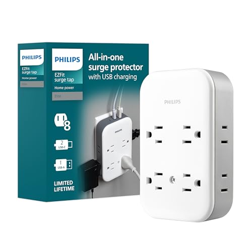 Philips Surge Protector Outlet Extender + USB Ports, 8 Outlet Wide-Spaced