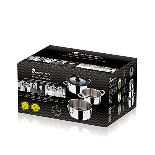 Foto von MasterPRO Foodies - Küchenbatterie - 4 -Stück -Set mit 4, 20 und 24 cm Pfannen und Glasdeckel - Hergestellt in Edelstahl - kompatibel mit allen Arten von Küchen