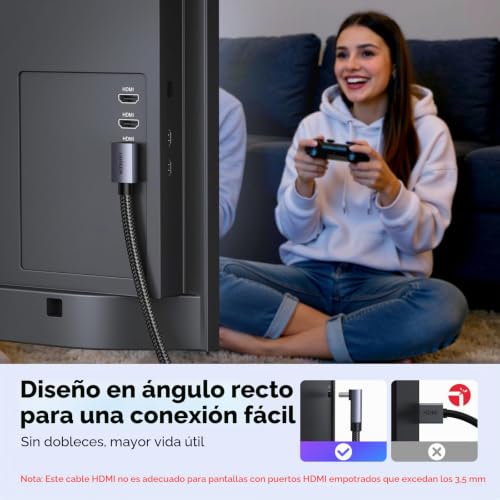 Miniatura 2 de Ugreen 8k Cable Hdmi 2.1 Acodado 90 10k 8k 60hz 4k 240hz Alta Velocidad 48gbps Cordon Hdmi Aluminio Dynamic Hdr Dolby Atmos Hdcp Trenzado En Nylon Compatible Con Ps5 4 Xbox Macbook Blu Ray Hdtv 3m