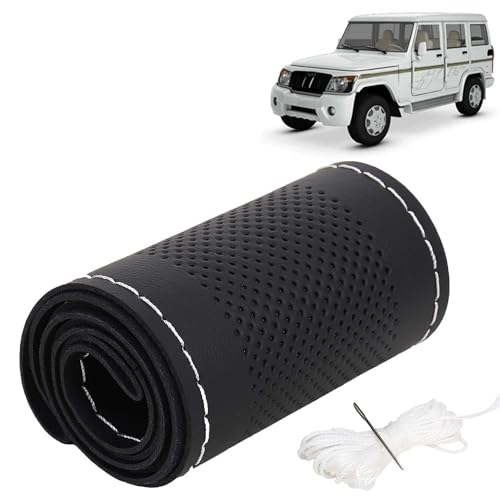 Image of KINGSWAY PU Leatherite Car Steering Cover Sewable Compatible with Mahindra Bolero (Year 2000-2019), Black Color with Silver Thread, Pack of 1 with Sewing Needle and Thread