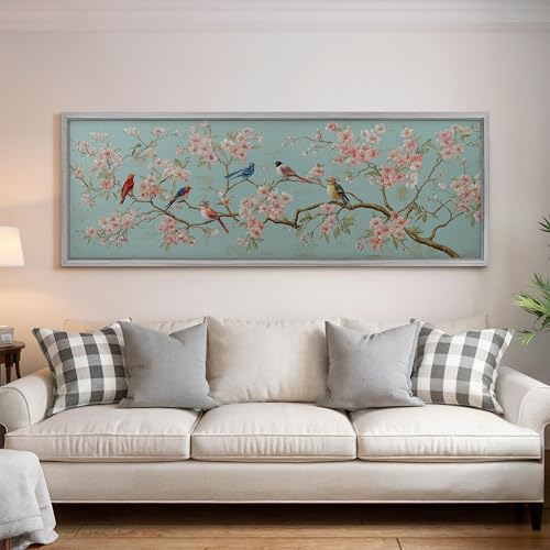 Toile oiseaux Chinoiserie 65 x 195 cm tableau long et étroit